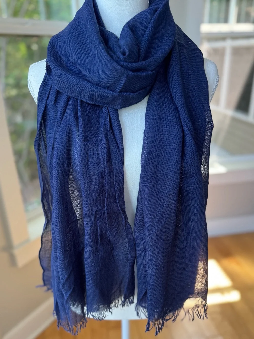 Vintage Cobalt Blue Lightweight Woven Rectangle Scarf Wrap with Fringe